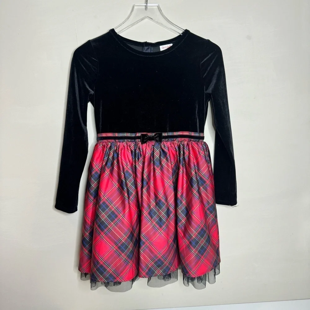Cat & Jack Red/Black Girls Velour Buffalo Check Long Sleeve Dress